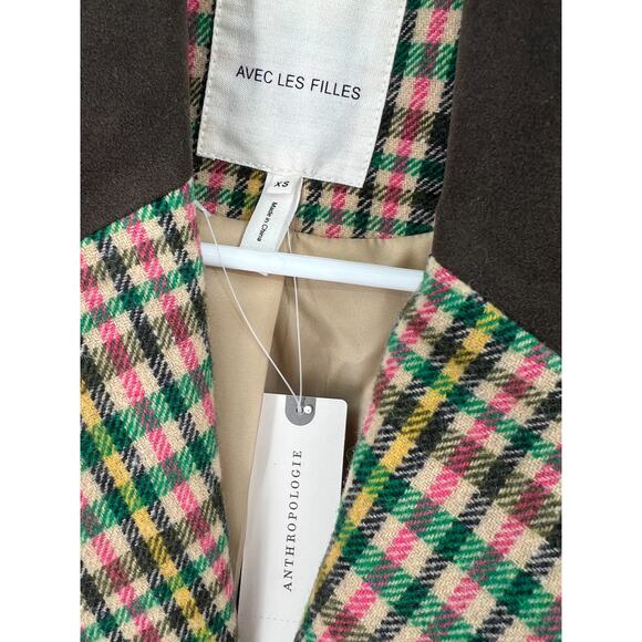 New Anthropologie XS Double-Breasted Elbow-Patch Plaid Jacket Blazer Riding - Picture 4 of 5